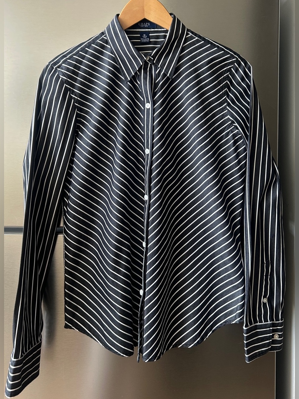 Chaps Black White Striped Button Down Shirt Medium Cotton Blouse